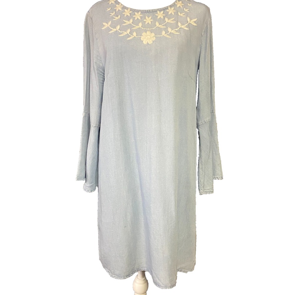 Forever 21 Dress Womens L Light Blue Long Sleeve Embroidered Floral‎ Boho Tunic